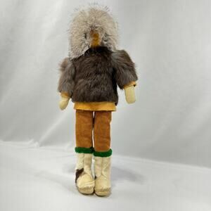 Eskimo Inuit Doll Hand Made Leather Face Hands Real Fur Coat Hood Boots Vtg 14"